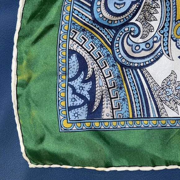 RARE VINTAGE 30“ x 30“ square silk scarf, hand rolled edge, green & blue Paisley